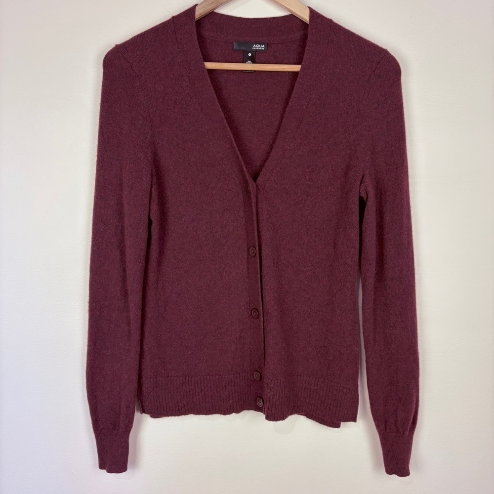 Aqua 100% Cashmere Burgundy Red V-Neck Button Cardigan Sweater Luxury